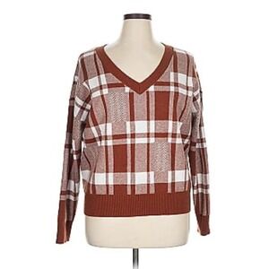 Christian Siriano Plaid V-Neck Sweater Pullover Brown White Women Size XL‎